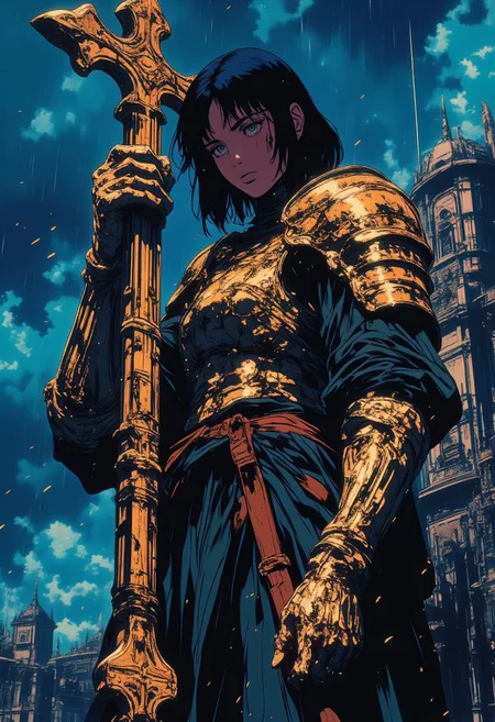 fantasy stylised illustration, anime style, rainy, wet, cinematic, close up, bright vivid and epic, dynamic pose, perfect composition, covered in shadows thin person in a dark clothes, church top background, standing tall, short black hair, holding huge ornate cross in hand, intricate, midnight, starry skies, tight clothes, bright white stripes, huge waist, muscular but thin hands, bulky armor on chest, chestplate, golden pauldrons. ornate shoulders with crosses, dirty hands, looking down, expressive, crying expression, stature is agile and very graceful, woman, incredible, style of Edwin Austin Abbey, ne0nfant4sy,