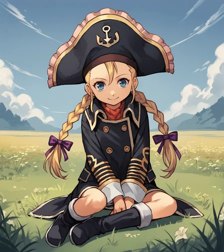 score_9, score_8_up, score_7_up, score_6_up, score_5_up, score_4_up, BREAK source_anime,
1girl, solo, <lora:PattyFleur:0.9>, Patty Fleur, blonde hair, twin braids, hair ribbon, blue eyes, flat chest, pirate hat, black coat, boots,
outdoors, grass, field, sky, clouds,
looking at viewer, full body, happy, sitting,
<lora:hungry clicker:1>,