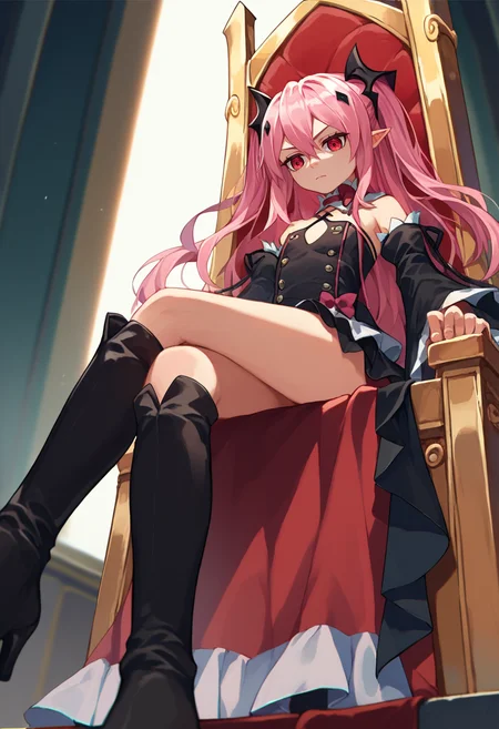 score_9, score_8_up, score_7_up, source anime, 1girl, Krul, two side up, pink hair, red eyes, pointy ears, hair ornament, detached sleeves, detached collar, black dress, black skirt, waist cape, bowtie, high heel boots, sitting, throne, crossed legs, from below, <lora:Krul Tepes2-000005:1>