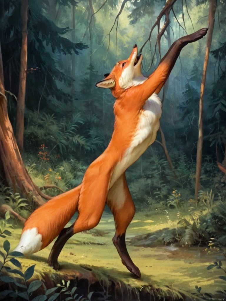 Score_9, score_8_up, scenery, bipedal fox lisichka, jumping lisichka_C, furry fox <lora:Lisichka:0.9>, wild forest, by Greg Rutkowski, highly detailed, masterpiece, extreme detailed, hyperrealistic, masterpiece,