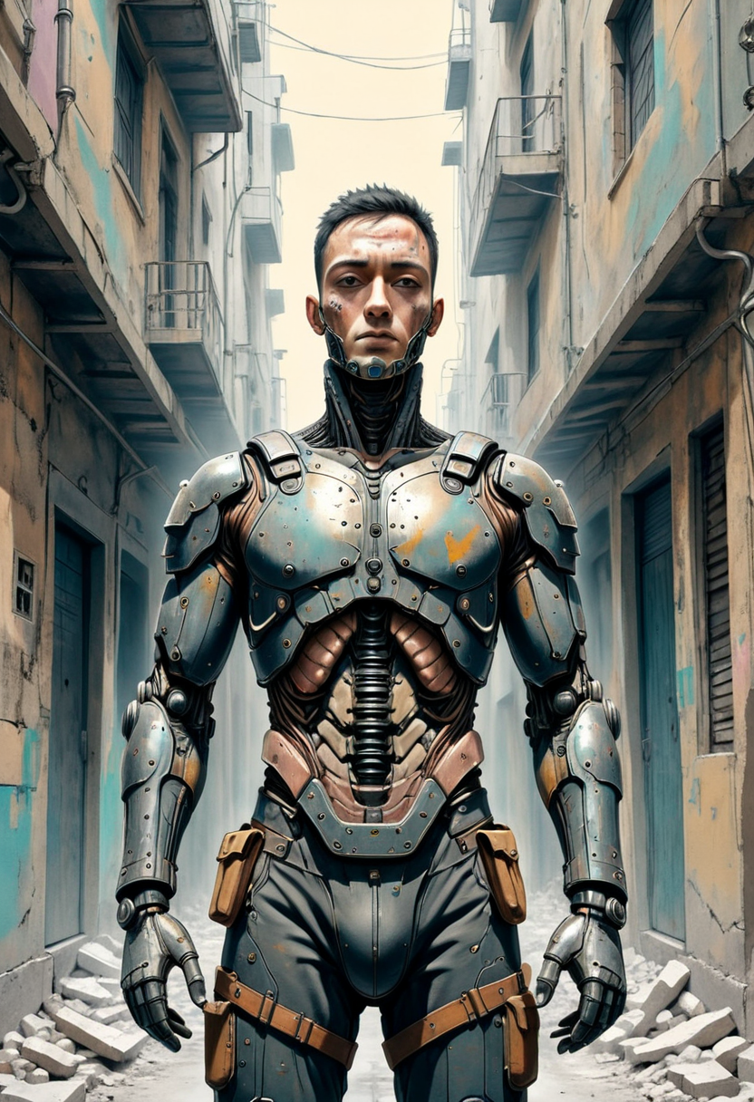 A soldier standing in a war-torn alley, half of his torso rebuilt with metal plates, sensor nodes embedded in ribs, illustrated in a gritty pencil and pastel style, mobe-cybideen,