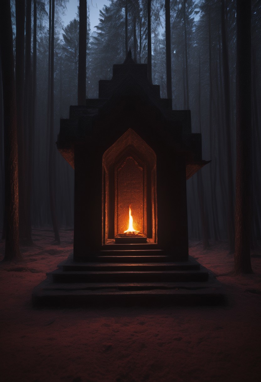 a brutalist Shrine sitting on lava, dramatic apocalypse, dim light, dramatic lighting, __drama__ color scheme, template building in woods