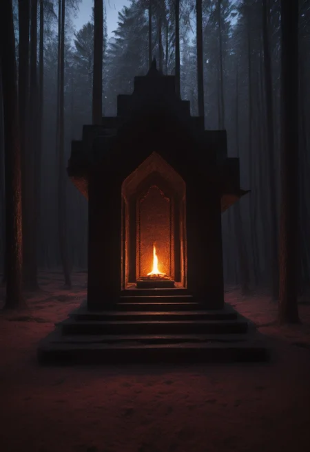 a brutalist Shrine sitting on lava, dramatic apocalypse, dim light, dramatic lighting, __drama__ color scheme, template building in woods
