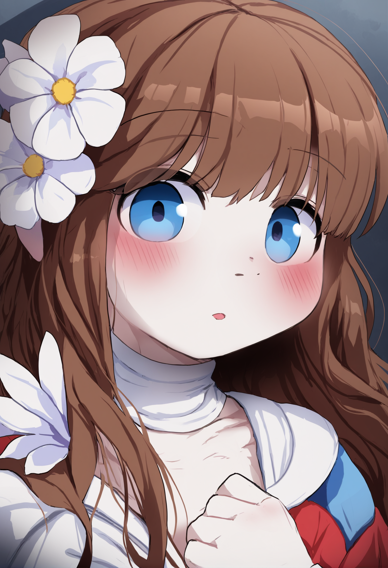 masterpiece, hyper detailed, best quality,(furry:1.3),1girl, solo, blue eyes, parted lips, portrait, long hair, brown hair, looking at viewer, hand up, colorful, bangs, shadow, flower, close-up  ,<lora:DAGASIXLlokr8f-000188:0.95>
