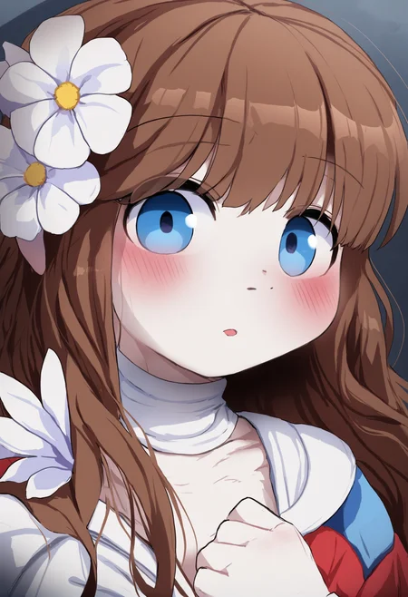 masterpiece, hyper detailed, best quality,(furry:1.3),1girl, solo, blue eyes, parted lips, portrait, long hair, brown hair, looking at viewer, hand up, colorful, bangs, shadow, flower, close-up ,<lora:DAGASIXLlokr8f-000188:0.95>