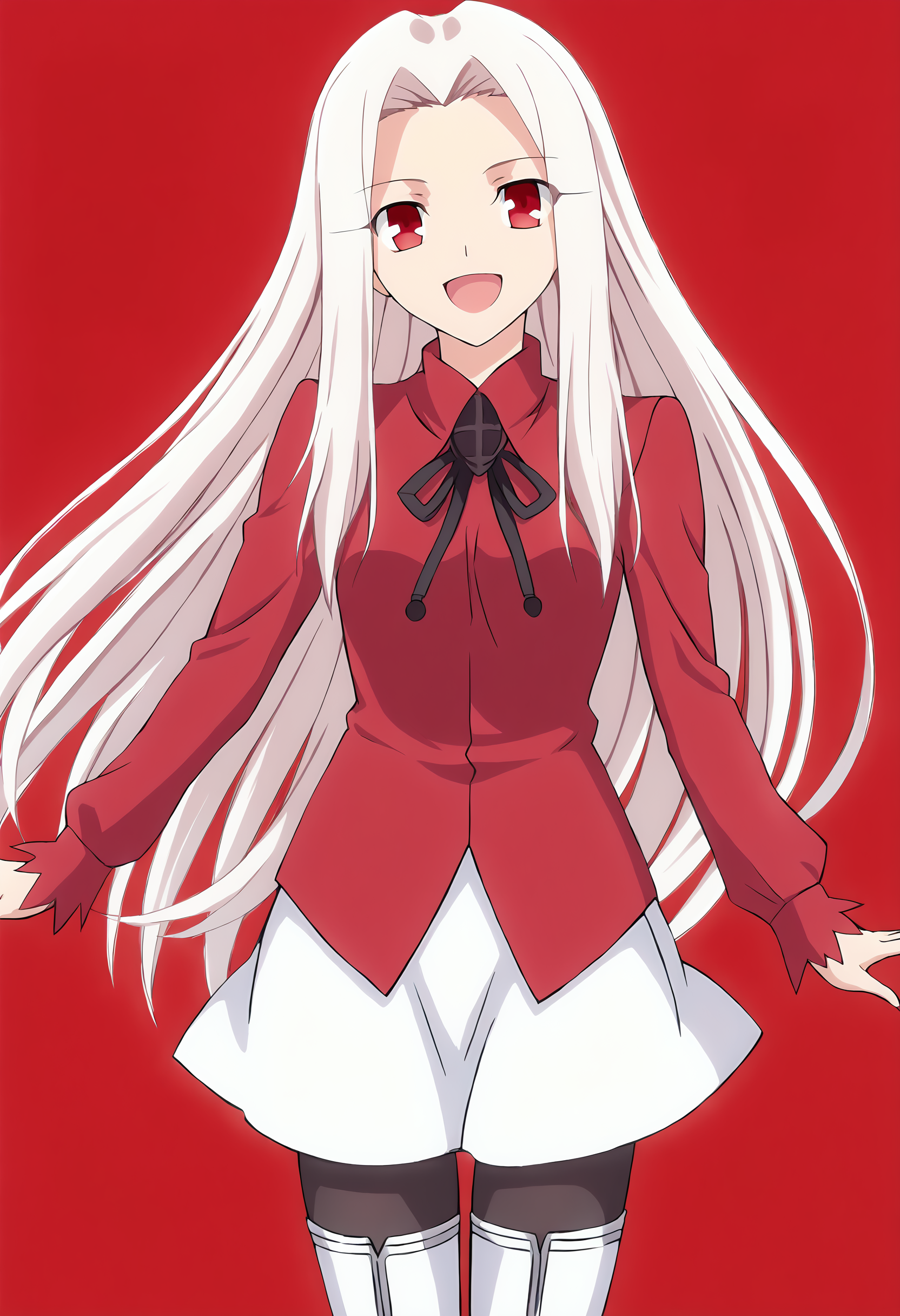 score_9, source_anime, <lora:Irisviel von Einzbern pony:1> , irisviel von einzbern, 1girl, solo, long hair, red eyes, white hair, thigh boots, pantyhose, thighhighs, skirt, boots, open mouth, smile, white skirt, red shirt,