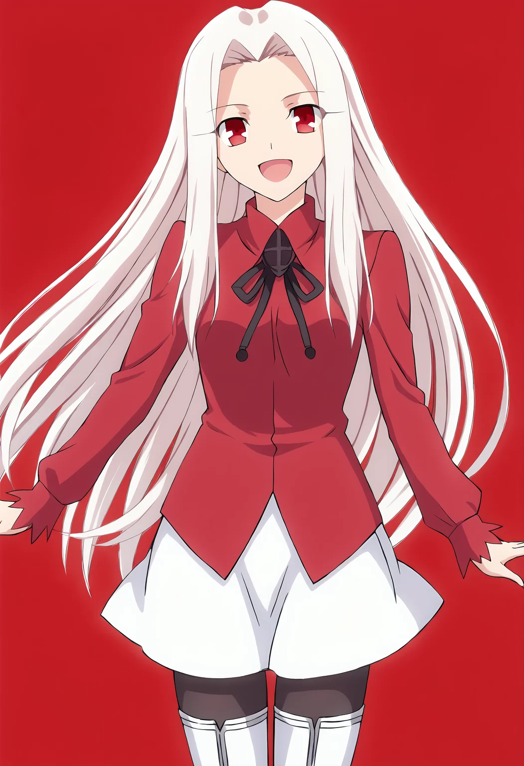 score_9, source_anime, <lora:Irisviel von Einzbern pony:1> , irisviel von einzbern, 1girl, solo, long hair, red eyes, white hair, thigh boots, pantyhose, thighhighs, skirt, boots, open mouth, smile, white skirt, red shirt,