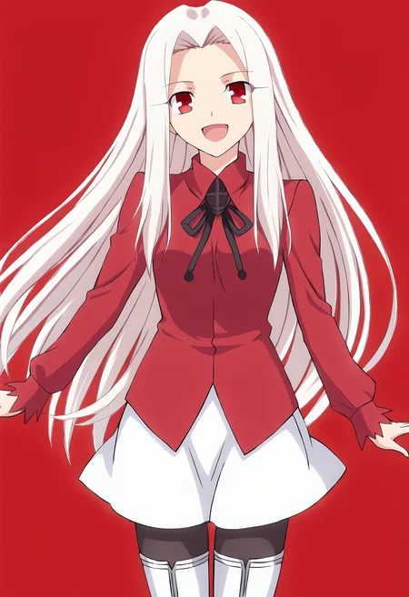 score_9, source_anime, <lora:Irisviel von Einzbern pony:1> , irisviel von einzbern, 1girl, solo, long hair, red eyes, white hair, thigh boots, pantyhose, thighhighs, skirt, boots, open mouth, smile, white skirt, red shirt,