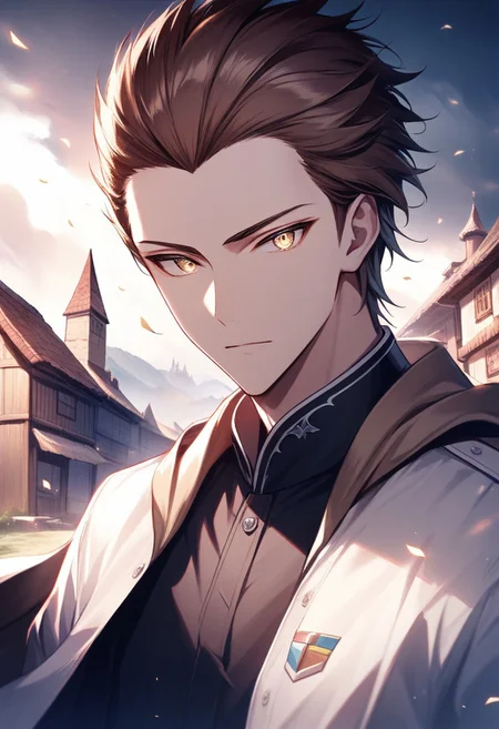(best quality, masterpiece), 1 boy,18 years old, medieval village, dark mood, Arrogant,
brown hair, faux hawk, no bangs, blue and white color student uniform
, looking at viewer, Unobtrusive golden eyes, Dull golden eyes,