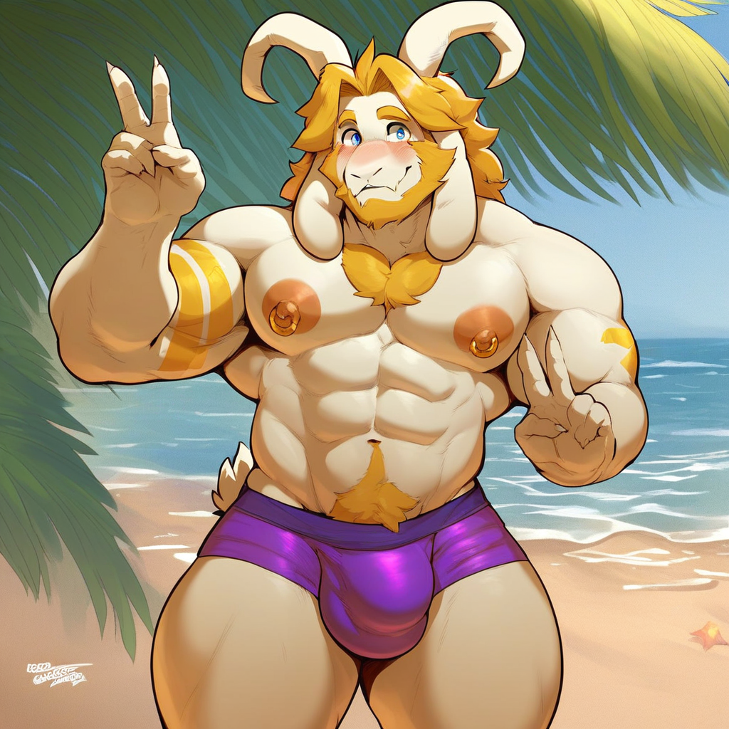 furry, Asgore Dreemurr, goat boy, older, mature, cartoon style, 2d, male, thick thighs, blue eyes, wide hips, voluptuous, blushing, smiling softly, sexy, peace sign with left hand, standing, purple speedo, large bulge, topless, muscular male, abs, large pectorals, big nipples, gold nipple ring piercings, beach, solo, score_9, score_8_up, score_7_up, score_6_up, score_5_up, score_4_up,