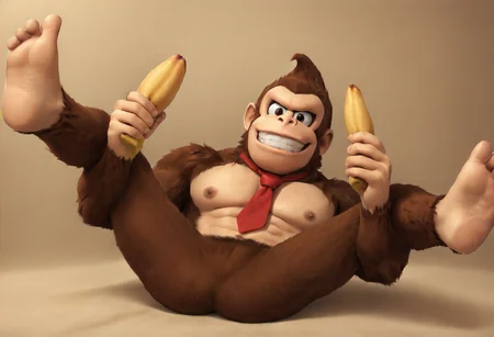 score_9, score_8_up, score_7_up, HD, masterpiece, f1lthy9uns, solo, 1boy, lying on back, legs up, spread legs, kong, ape, red necktie, holding weapon, (holding banana), banana, dual wielding, smile, grin, barefoot, jungle background