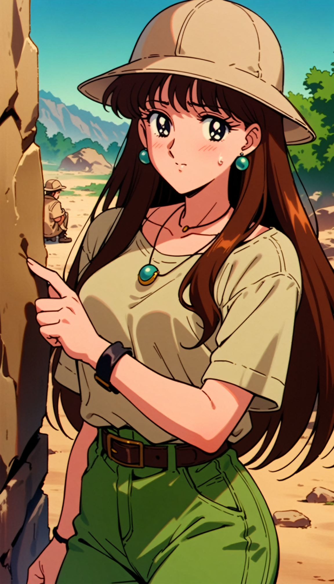 masterpiece,best quality,very aesthetic,absurdres,1girl,solo,1990s \(style\),Nishimura Reika XL,brown hair,jewelry,earrings,bangs,long hair,necklace,<lora:Nishimura Reika XL:0.7>,archaeologist,Gobi,sweatdrop,tiry,hat,cowboy shot,outdoors,