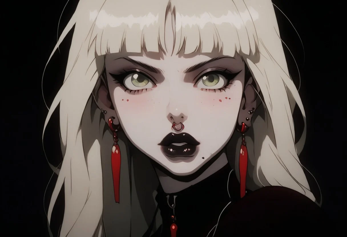 1girl, Kalluto Zoldyck, ((Goth Girl with very pale skin)), black eyeliner , black lips, big breasts, big ass, thick lips, big lips, large lips, bimbo lips, enormous lips, big thighs ,excessive pubic hair, plump, abs, wide hips, thick thighs, huge round ass, puckering lips, pouting face, (((blond hair))), two tone hair,
lip piercings, nose piercings, multiple ear piercings, navel piercings, septum piercing,
score_9, score_8_up, score_7_up, score_6_up, source_cartoon, rating_explicit
The background is a goth style bedroom, lilandavastyle,
perfect slim figure, red earrings, blonde, big ass, long braid, big breast, red high top shoes, blush stickers, makeup eyelids, freckles on the face, green eyes, a strand of long hair above the temples, excessive pubic hair, hairy stomach, hairy armpits, happy trail, skin dentation