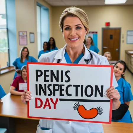 beautiful school nurse holding a sign saying "penis inspection day", crowded nurse's office  <lora:BetterTextRedmond:1>