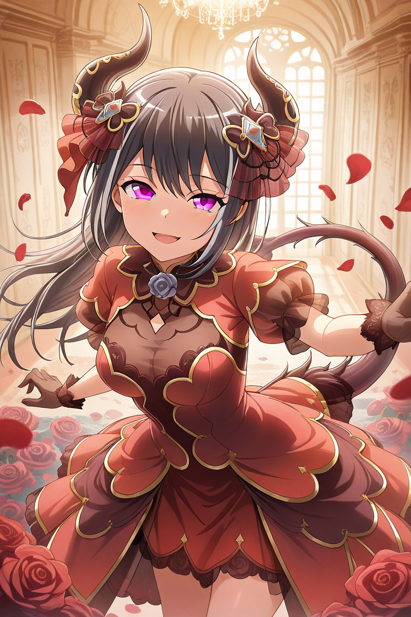 masterpiece, best quality, amazing quality,
 <lora:Kuina_IL:1> kuina, 1girl, dress, long hair, solo, horns, petals, black hair, grey eyes, gloves, looking at viewer, smile, hair ornament, indoors, flower, bangs, see-through, puffy sleeves, tail, red dress, rose, short sleeves, breasts, open mouth, demon horns, beastsk