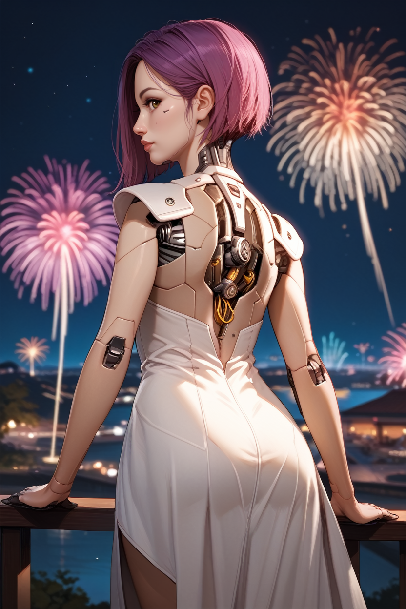 score_9, score_8_up, score_7_up,
<lora:CyberSongbird:0.8>
CyberSongbird, 1girl, cyborg, purple hair, short hair, brown eyes, looking at viewer, from behind, cowboy shot, dress, looking back, fireworks, at night