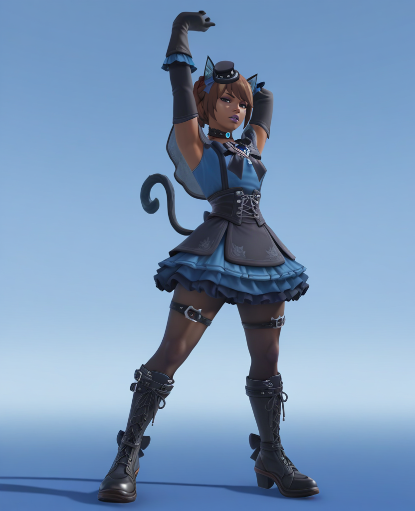 (masterpiece), (best quality), absurdres, intricate details, highres, 3d, <lora:Illari_BLACK_CAT_ILLUS-000009:0.8> , ill1, shoulder pads, 1girl, solo, black eyes, short hair, brown hair, gloves, mini top hat, dress, tail, braid, elbow gloves, cat ears, purple lips, frills, frilled dress, translucent clothing, hair bow, bow, skirt, choker, dark-skinned female, crown braid, corset, frilled gloves, bangs, cape, facial mark, looking at viewer, half-closed eyes, parted lips, arms up, stretching, armpits, dynamic pose, cowboy shot, pantyhose, boots, thigh strap,  full body, standing,