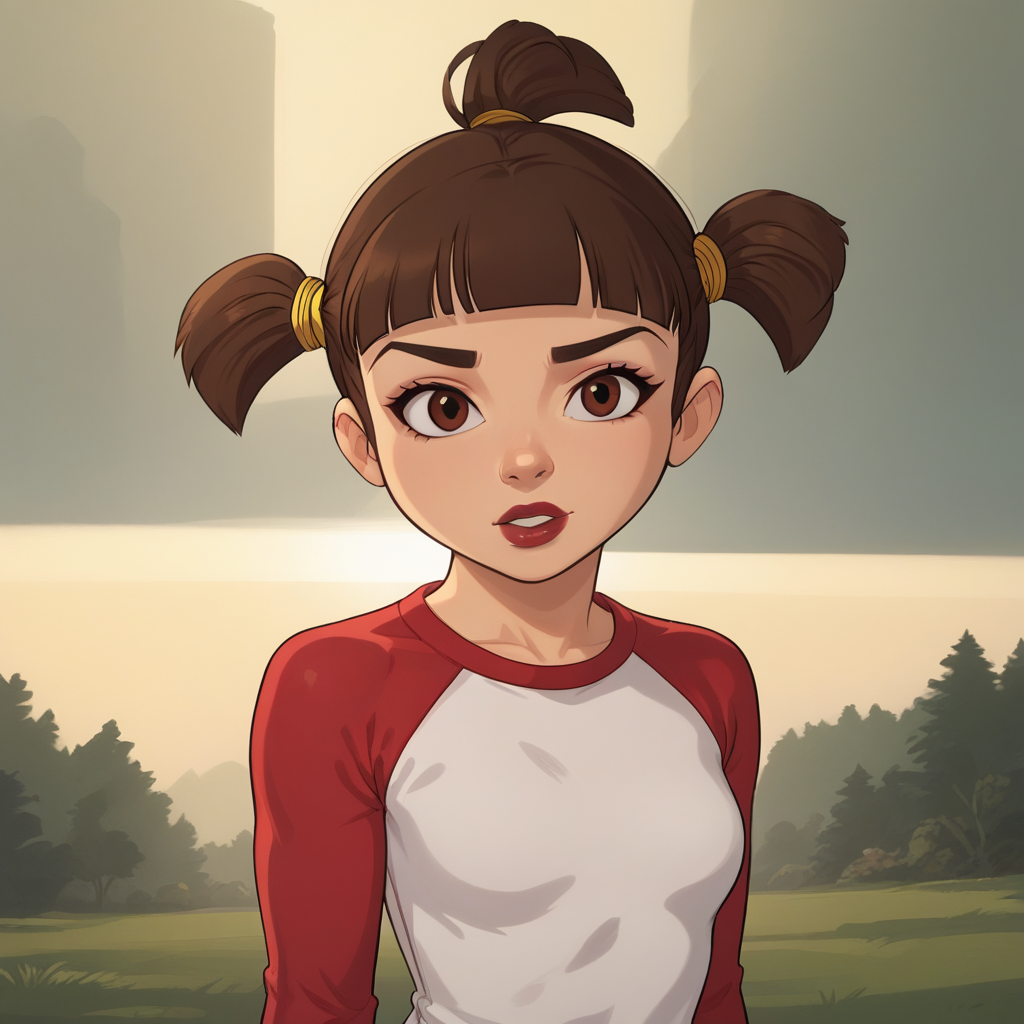 score_8_up, BREAK, 1girl , solo, Trixie, brown hair, tri tails, short twintails, brown eyes, blunt bangs, lipstick, white shirt, red raglan sleeves, red sleeves, upper body, <lora:Trixie_LazyTown_PXL_Leaf1v2:0.8>, outdoors,