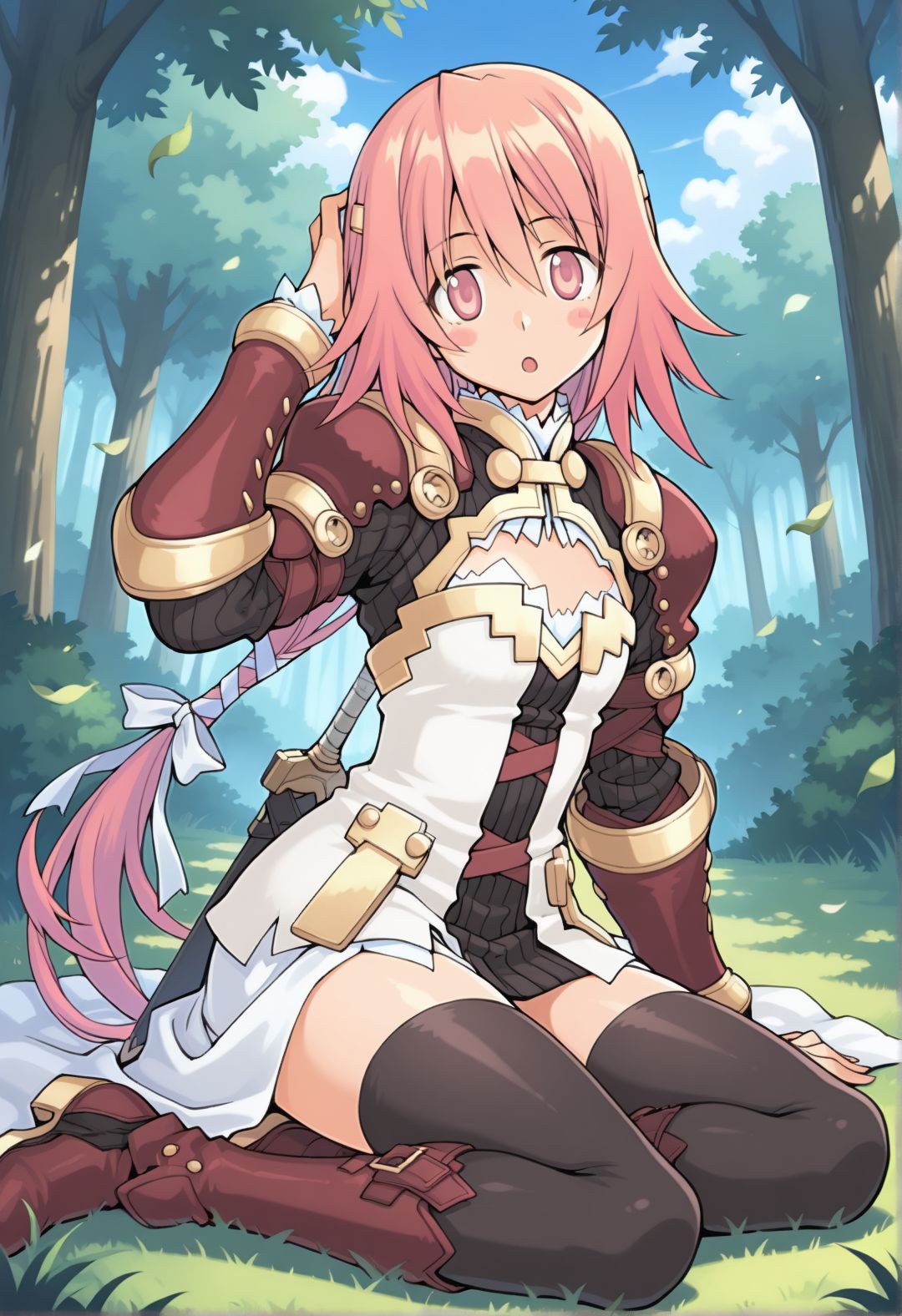 (masterpiece, best quality, newest, absurdres, highres),
white background, outdoors, blue sky, forest, cloud, wind, leaf, fantasy,
1girl,  <lora:eina_(summon_night)_v0.21:1>eina (summon night), pink hair, pink eyes, hair ornament, blush stickers, long hair, low-tied long hair, armor, brownn armored dress, gauntlets, cleavage, cleavage cutout, black thighhighs, leather boots, gold trim,
weapon on back, sword, sheath, cross hair ornament, white ribbon, flat chest,
long skirt, high-low skirt,
yokozuwari, on grass, looking at viewer, hand on own head, head tilt, hand on floor, full body, :o, open mouth,