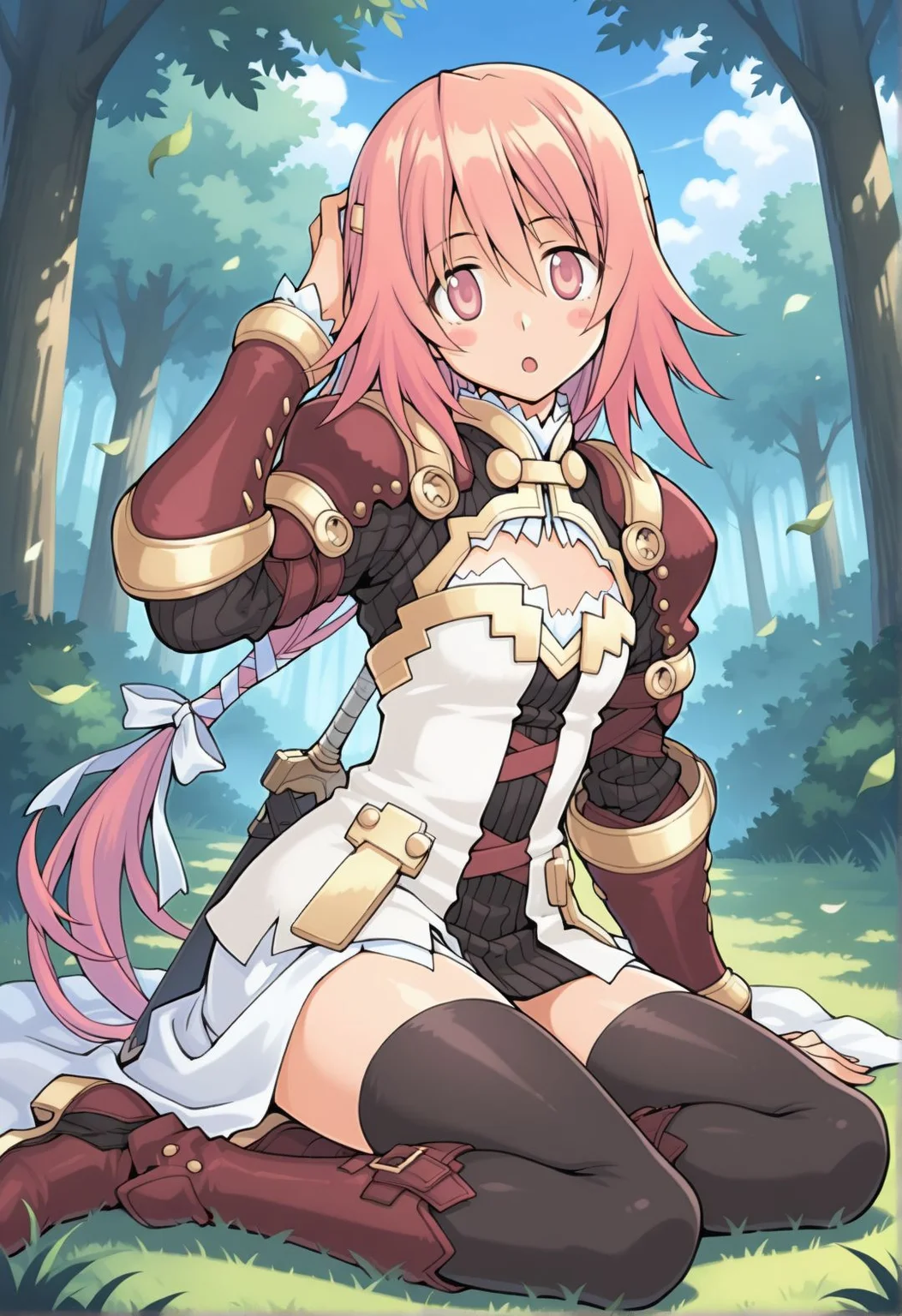 (masterpiece, best quality, newest, absurdres, highres),
white background, outdoors, blue sky, forest, cloud, wind, leaf, fantasy,
1girl,  <lora:eina_(summon_night)_v0.21:1>eina (summon night), pink hair, pink eyes, hair ornament, blush stickers, long hair, low-tied long hair, armor, brownn armored dress, gauntlets, cleavage, cleavage cutout, black thighhighs, leather boots, gold trim,
weapon on back, sword, sheath, cross hair ornament, white ribbon, flat chest,
long skirt, high-low skirt,
yokozuwari, on grass, looking at viewer, hand on own head, head tilt, hand on floor, full body, :o, open mouth,