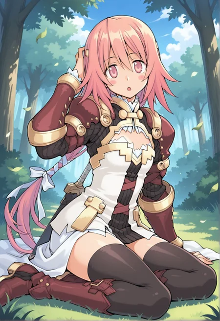 (masterpiece, best quality, newest, absurdres, highres),
white background, outdoors, blue sky, forest, cloud, wind, leaf, fantasy,
1girl, <lora:eina_(summon_night)_v0.21:1>eina (summon night), pink hair, pink eyes, hair ornament, blush stickers, long hair, low-tied long hair, armor, brownn armored dress, gauntlets, cleavage, cleavage cutout, black thighhighs, leather boots, gold trim,
weapon on back, sword, sheath, cross hair ornament, white ribbon, flat chest,
long skirt, high-low skirt,
yokozuwari, on grass, looking at viewer, hand on own head, head tilt, hand on floor, full body, :o, open mouth,