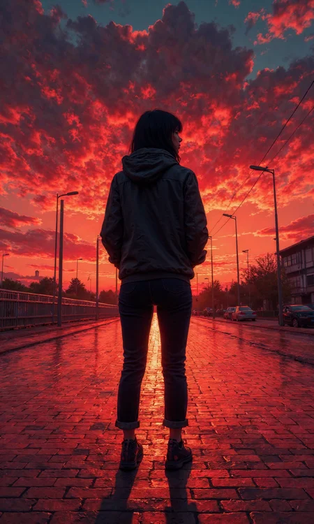 Full shot camera view, realistic photography style with silhouette and dramatic sunset coloring, a silhouette of a woman is appearing from the subject, body pose is standing straight and facing away from the camera, looking towards the horizon with a contemplative posture, the body is positioned centrally on a paved surface, with hands in pockets or clasped in front and a relaxed posture, the image is made of photograph with natural lighting and realistic textures, there are rectangular shapes from the pavement tiles and the silhouette of the woman, and organic shapes from the clouds in the sky, makeup, hairstyle, and accessories are not applicable as the subject is in silhouette, clothes are hooded jacket and pants in dark silhouette, suggesting feminine silhouette and curves, and as accessories there are no visible accessories, background is duo vibrant red and dark blue gradient sky with detailed cloud formations, and dramatic sunset lighting creating strong contrast, the light source is the setting sun, positioned behind the horizon, casting a bright red glow on the clouds and reflecting on the wet pavement, creating long shadows in front of the woman and highlighting the edges of her silhouette, the overall scene is dramatic and solitary, emphasizing the woman's silhouette against the intense colors of the sunset sky and the reflective pavement., <lora:FLUX-daubrez-DB4RZ-v2:0.35> DB4RZ, DB4RZ style painting
<lora:ILLUSTRATION (FLUX) - V3.1:0.20> illustranion