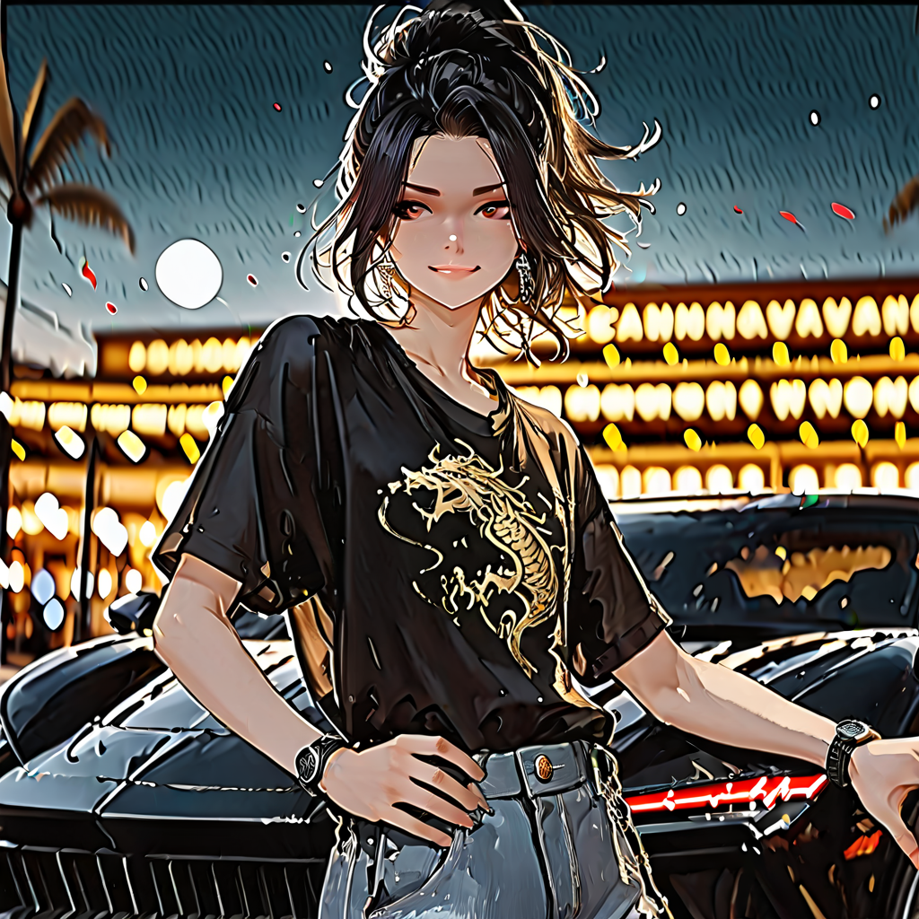 taking a selfie in front of a black lamborghini aventador with spoiler and body kit (car is black, wearing luxurious black jeans and luxurious black tied t-shirt with gothic design, wearing luxurious jeans and luxurious black t-shirt with gothic design, scenery, newest, cinematic composition, chinese mythology, smirking face, upper body focus, chrome carbon fiber details, taking a selfie in front of a lamborghini aventador with spoiler and body kit (car is black, laying on a lamborghini aventador with spoiler and body kit (car is black, symbolic environment, casual clothes, night scene under the moon, dramatic sky, backlighting, blurred background, floating mountains, absurdres, mystic mist, Kael Vireon, in front of a luxury casino, expensive black watch windblown hair, mythic scale, masterpiece, vegas city scene, good quality, 8K, visual storytelling, dynamic composition, stylized, god-tier illustration, chrome rims), Black Myth Wukong, sakura petals, close up, very aesthetic, celestial clouds, ( dynamic pose:1.3), bokeh