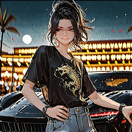 taking a selfie in front of a black lamborghini aventador with spoiler and body kit (car is black, wearing luxurious black jeans and luxurious black tied t-shirt with gothic design, wearing luxurious jeans and luxurious black t-shirt with gothic design, scenery, newest, cinematic composition, chinese mythology, smirking face, upper body focus, chrome carbon fiber details, taking a selfie in front of a lamborghini aventador with spoiler and body kit (car is black, laying on a lamborghini aventador with spoiler and body kit (car is black, symbolic environment, casual clothes, night scene under the moon, dramatic sky, backlighting, blurred background, floating mountains, absurdres, mystic mist, Kael Vireon, in front of a luxury casino, expensive black watch windblown hair, mythic scale, masterpiece, vegas city scene, good quality, 8K, visual storytelling, dynamic composition, stylized, god-tier illustration, chrome rims), Black Myth Wukong, sakura petals, close up, very aesthetic, celestial clouds, ( dynamic pose:1.3), bokeh