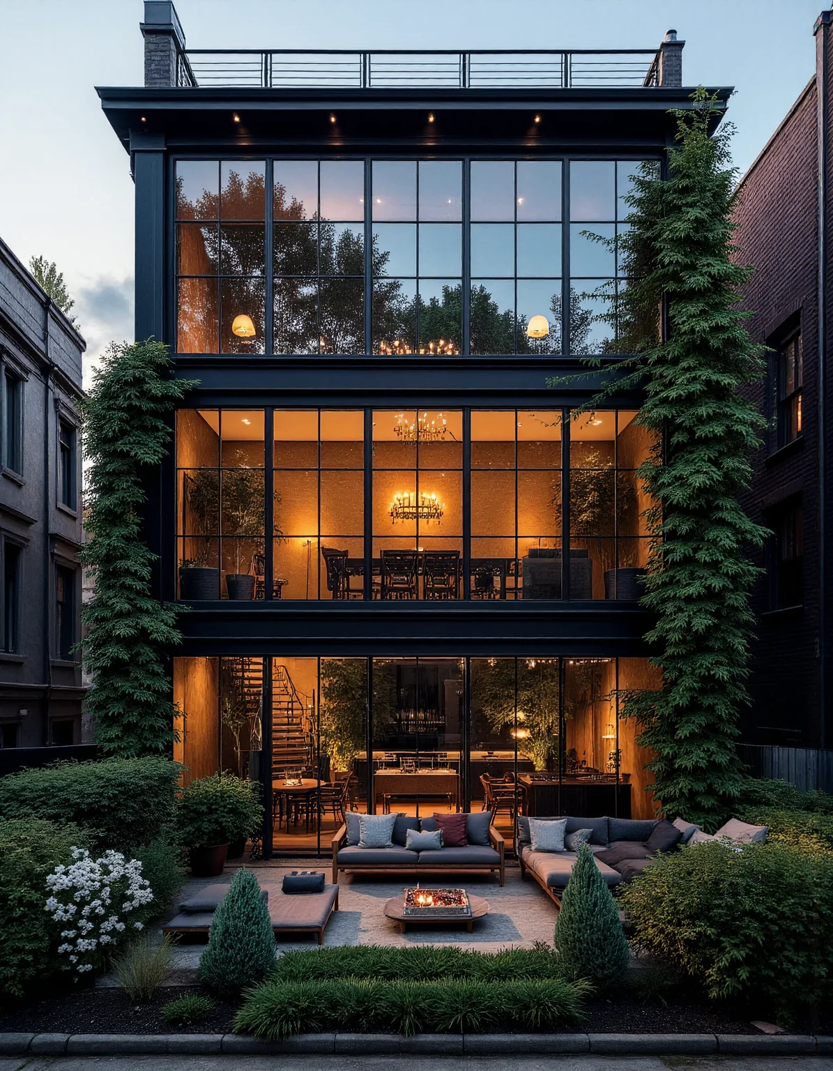 A modern, three-story urban townhouse with a sleek black exterior and large glass windows. The ground floor should feature a cozy outdoor living space with a couch, coffee table, and potted plants. Inside, the living room should be visible with a brick wall and a staircase leading to the upper floors. The second floor should showcase a dining area with a table and chairs, and the third floor should be a bedroom with a bed and a large window offering a view of the surrounding cityscape. The roof should be flat and include a small balcony. The building should be surrounded by lush greenery, including tall trees and bushes. The sky should be a clear blue, indicating a sunny day. The interior should be well-lit, with warm yellow lighting visible through the windows. The overall style should blend modern architecture with urban elements, creating a striking contrast between the dark exterior and the vibrant green surroundings. aidmaHyperrealism <lora:aidmaHyperrealismv0.3:0.6> <lora:Sinfully_Stylish_.02_for_FLUX:0.6> in the style of Jed-clrfl <lora:flux-colourful:0.3> <lora:FluxDFaeTasticDetails:0.6>