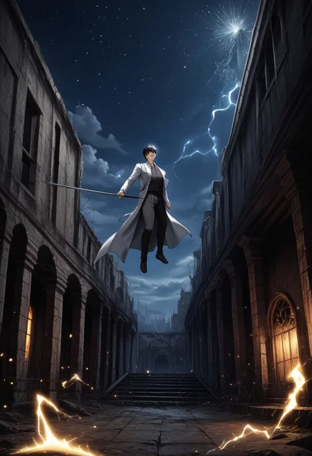 KimDokja, brown eyes, black hair, short hair, Kim clothes, smiling, holding a book in one hand and a sword in the other, sparks of electricity jumping in the background, detailed eyes, full body shot, night, starry sky, beautiful sky, detailed background, abandoned city, ruins, ((detailed face)),
He wields a glowing, celestial sword,