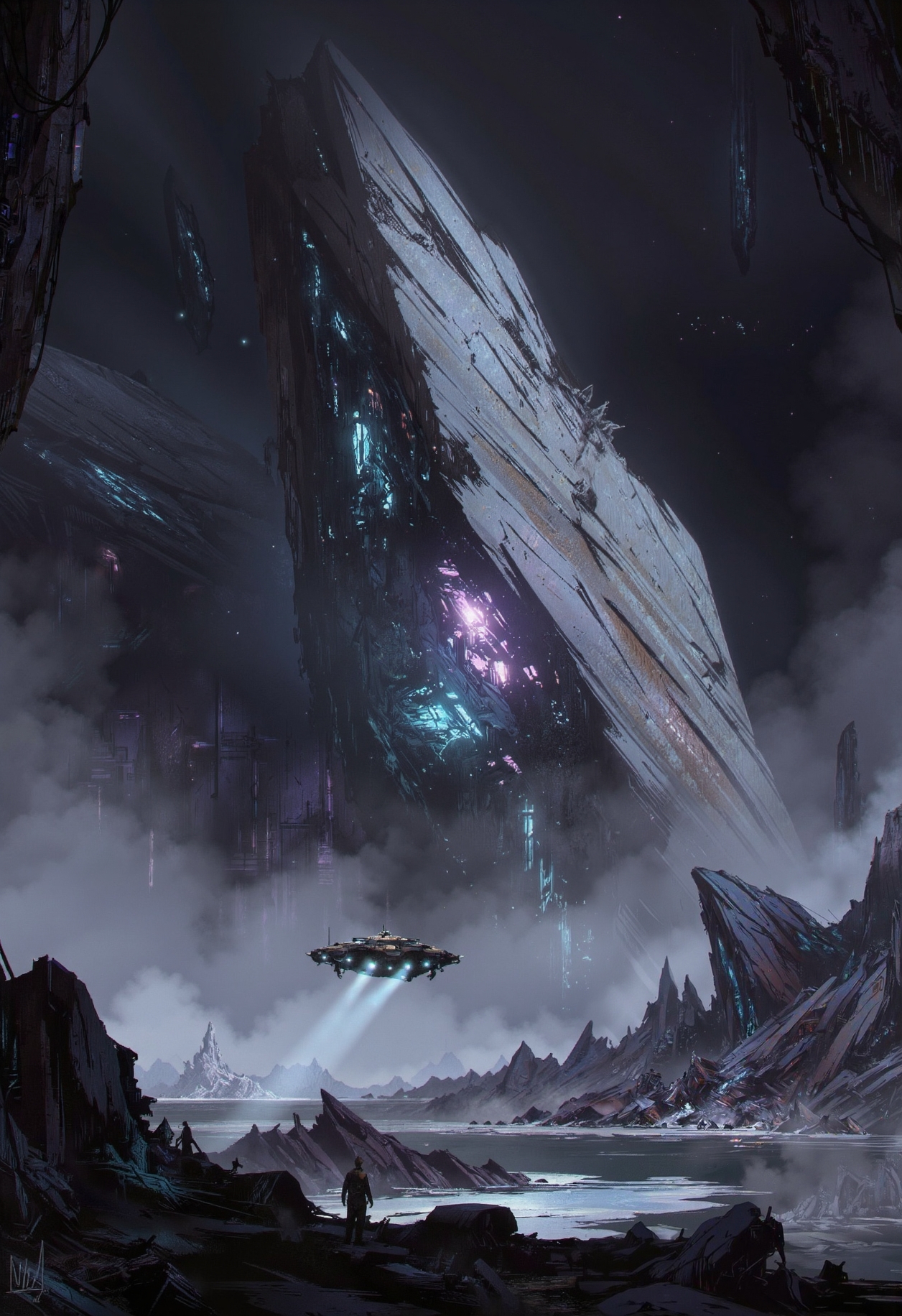 A digital painting in the style of ck-js, depicting a small, rugged prospecting ship navigating through the colossal, shattered remnants of a planet destroyed by an ancient cataclysm. Immense, continent-sized fragments drift silently in space, glowing internally with a faint, ethereal light (ghostly pale cyans and soft, muted lavenders). The ship's searchlights pierce the spectral dust, illuminating jagged, crystalline structures within the debris field. The palette features deep space grey-blacks, the whispering, low glow of the planetary fragments (pale cyans/lavenders), and the soft white of the ship's lights. Focus is on navigating immense, dangerous scale and the aftermath of destruction.