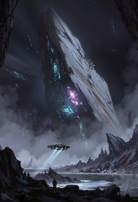 A digital painting in the style of ck-js, depicting a small, rugged prospecting ship navigating through the colossal, shattered remnants of a planet destroyed by an ancient cataclysm. Immense, continent-sized fragments drift silently in space, glowing internally with a faint, ethereal light (ghostly pale cyans and soft, muted lavenders). The ship's searchlights pierce the spectral dust, illuminating jagged, crystalline structures within the debris field. The palette features deep space grey-blacks, the whispering, low glow of the planetary fragments (pale cyans/lavenders), and the soft white of the ship's lights. Focus is on navigating immense, dangerous scale and the aftermath of destruction.