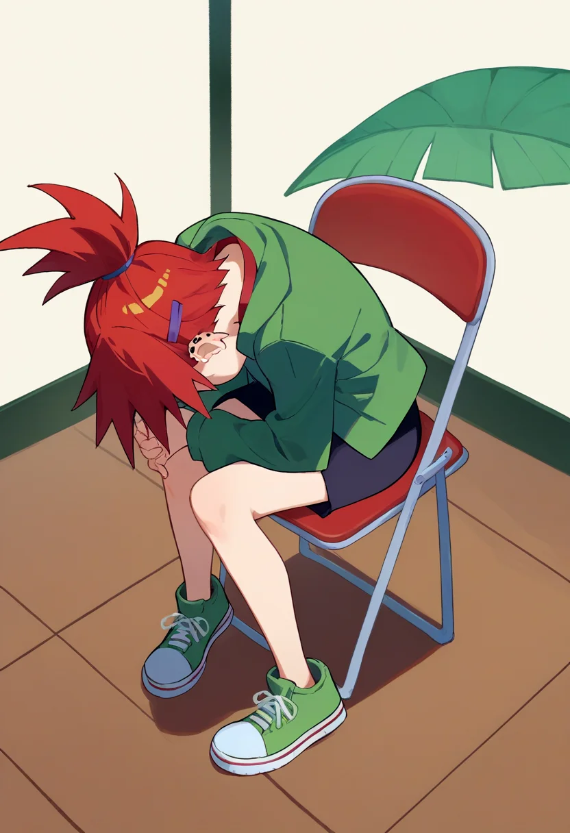 score_9, score_8_up, score_7_up, source_anime, rating_safe, solo, 1girl, frankie foster, foster's home for imaginary friends, shinjichair, sitting, head down, chair, red hair, topknot, green jacket, long sleeves, black skirt, shoes <lora:concept_shinjichair_ponyXL:1>
