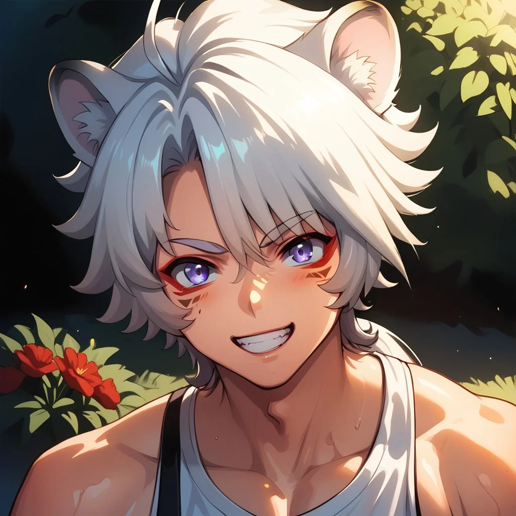 score_9, score_8_up, score_7_up, score_6_up, masterpiece, uncensored, best quality, amazing quality, best aesthetic, absurdres, intricate details, source_anime, yaoi, gay, full body BREAK 1boy(lingyang, white hair, low ponytail, purple eyes, red eyeliner, facial mark, animal ears), fighting stance, excited, smile, looking at viewer BREAK garden, st3rl5ghtbr9m2nce, morning, outdoors