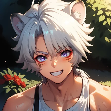 score_9, score_8_up, score_7_up, score_6_up, masterpiece, uncensored, best quality, amazing quality, best aesthetic, absurdres, intricate details, source_anime, yaoi, gay, full body BREAK 1boy(lingyang, white hair, low ponytail, purple eyes, red eyeliner, facial mark, animal ears), fighting stance, excited, smile, looking at viewer BREAK garden, st3rl5ghtbr9m2nce, morning, outdoors