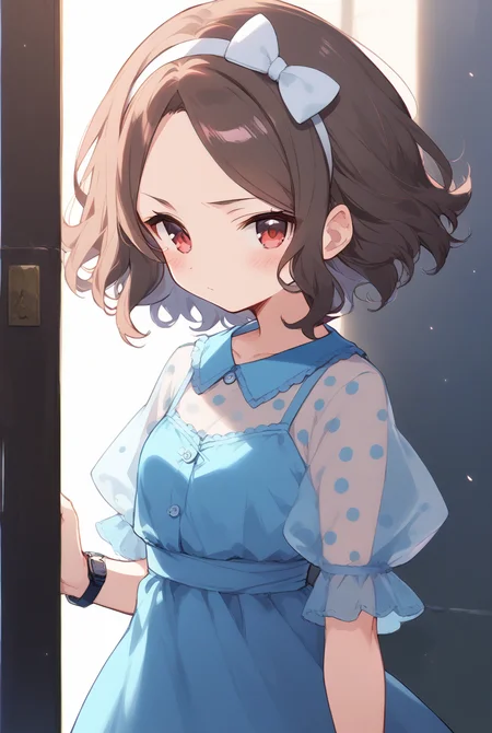 (score_9,score_8_up,score_7_up, ),<lora:GBC_TOMO_v2_pony-000030:1>,
GBC_TOMO,1girl,solo,bow,dress,watch,hair bow,wristwatch,brown hair,hairband,see-through,white bow,looking at viewer,polka dot,blue dress,short hair,see-through sleeves,bow hairband,red eyes,blush,puffy sleeves,puffy short sleeves,bracelet,closed mouth,wavy hair,standing,simple_background,white_background,