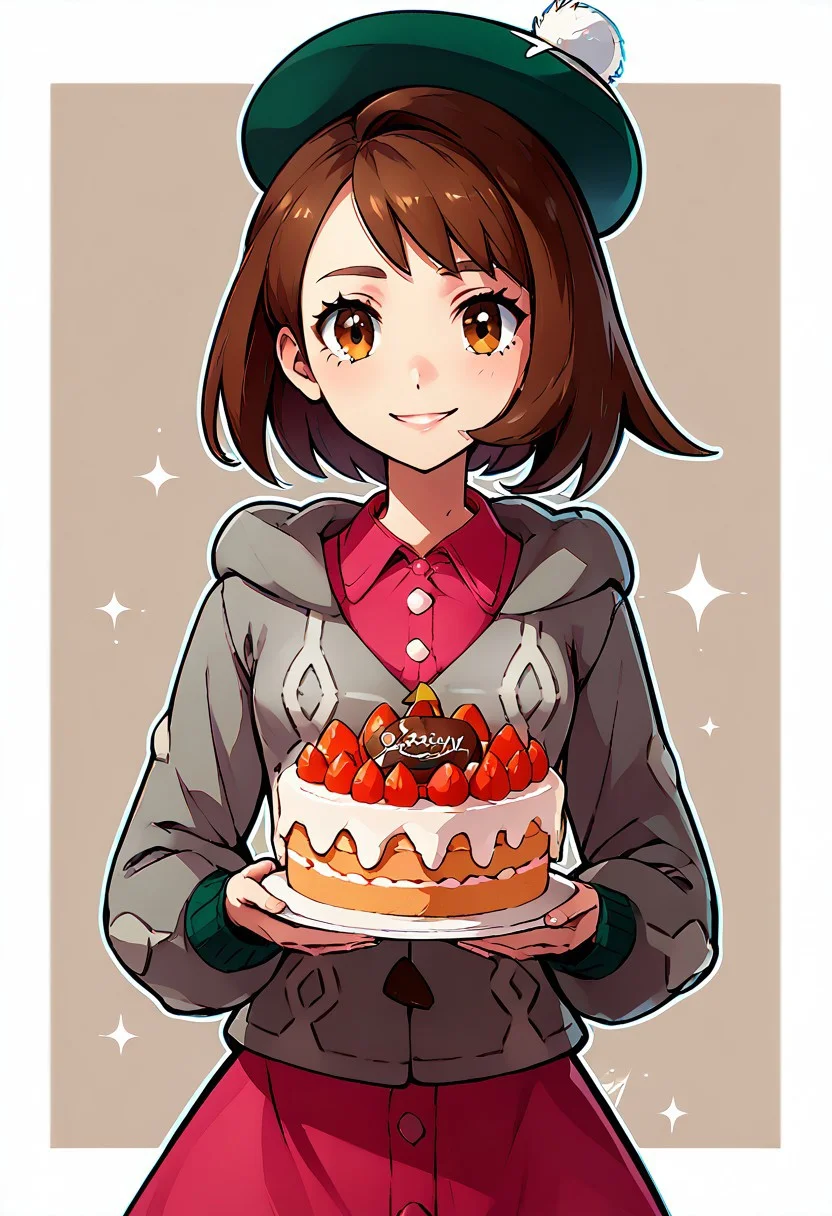 score_9, score_8_up, score_8, medium breasts, (curvy), cute, eyelashes,
zzHoldingCake,
BREAK,
Gloria (pokemon), brown hair, brown eyes, green hat, grey cardigan, hooded cardigan, cable knit, pink dress, green socks, long sleeves, collared dress,
BREAK,
smile, looking at viewer,
abstract background, white outline,
zPDXL, Expressiveh