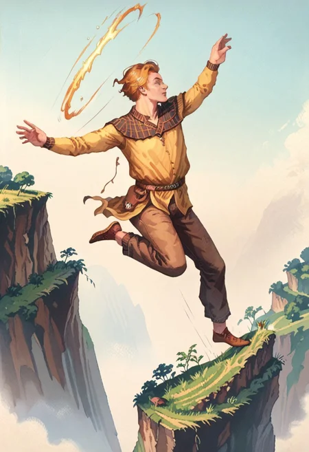 score_8, score_8_up, score_7_up, oblivionarts, 1boy, male focus, solo, adoring_fan, (((jumping off a cliff))), simple background,