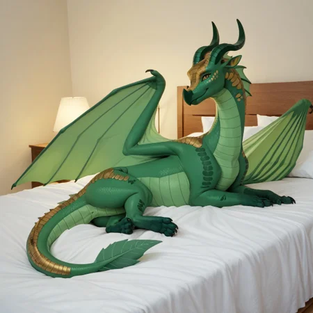 core_9, score_8_up, score_7_up, score_6_up, masterpiece, high quality, realistic, detailed, best quality, 1girl, solo, rating_safe, source_furry, bedroom, smiling, seductive, looking at viewer, lying on bed, negative_hand, lying on bed, feral, female, Leafwing, green scales, dragon, horns, claws, scales, wings, leaf shaped wings, tail, leaf tipped tail, feral, Sundew_wof, gold spots, female