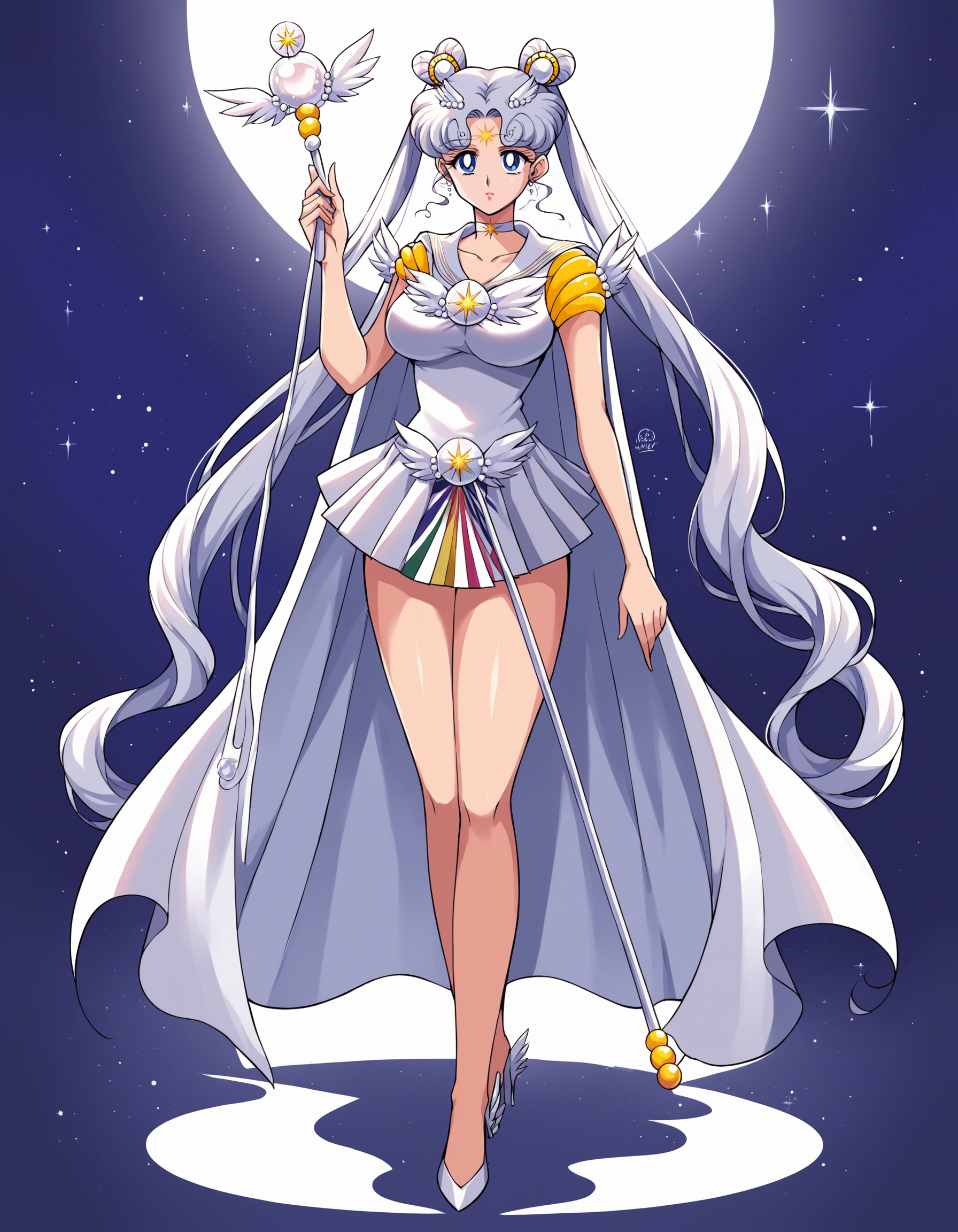 sailor cosmos, 1girl, white sailor collar, solo, magical girl, cape, staff, white choker, long hair, sailor senshi uniform, large breasts, voluptuous, mature female, extremely detailed, bare legs, hair bun, white hair, twintails, double bun, brooch, jewelry, facial mark, forehead mark, dress, sailor collar, wings, full body, white footwear, blue eyes, hairpin, shoes, hair ornament, crystal, high heels, skirt, score_9, score_8_up, score_7_up, score_6_up <lora:SailorCosmosPnyXL:0.8>