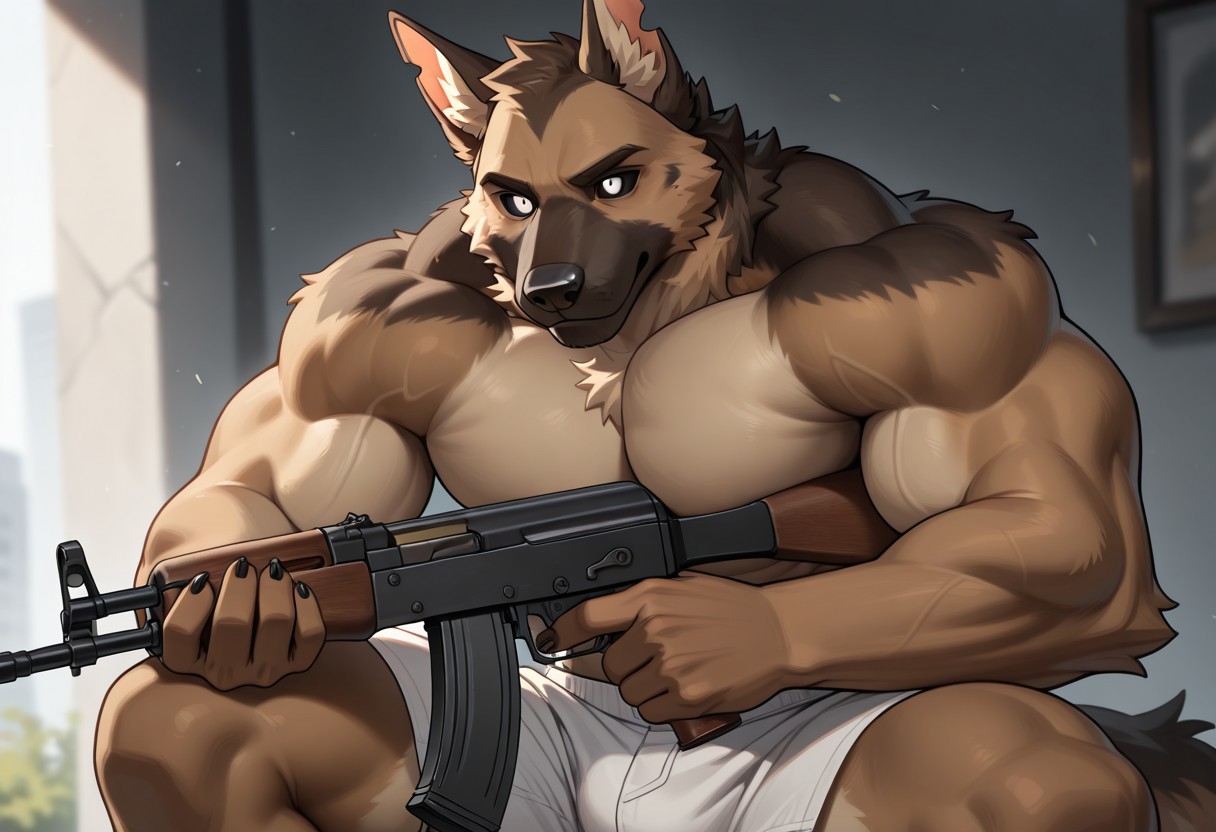 anthro, furry, 1boy, solo, german shepherd, brown body, brown fur, black sclera, white eyes, ear, medium clipped ear, bodybuilder, biceps, muscular, muscular male, white shorts, bullet("AK-47")