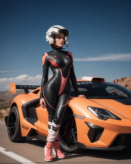 female focus, the sky was pink, (style of Nick Knight) futuristic race car driver, sleek metallic bodysuit, aerodynamic helmet with transparent visor, high-tech gloves, cybernetic enhancements, [neon lighting:sleek chrome reflections:0.5], dark urban backdrop, neon-lit cityscape in the distance, dynamic pose, intense gaze, [racing stripes:glowing circuitry:0.7], glossy textures, high fashion meets sci-fi, wind-swept hair, speed and power, ultra-modern vehicle design in background, bold and fierce expression, futuristic fashion, high contrast, vibrant color palette, sexy babe, fcPortrait fFaceDetail confident pose, dynamic fashion, adventurous spirit, soft bright lighting, (style of Peter Lindbergh), retro flight suit, vintage helmet, portrait of woman high tech form fitting flightsuit standing next to BREAK vehicle focus, (exotic off-road prerunner race truck) (style of [Giorgetto Giugiaro|Gordon Murray|Horacio Pagani]), skinny waist and long legs with high tech boots, standing on path leading to alien city under glass dome, [alien sky], [magenta cloudy skies], [ringed planet in distance] 1girl pink sky, textured clouds, alien desert terrain, signs of life, warm dusty earth tones, vivid sky colors, surreal yet tangible atmosphere, unusual plants, rock formations, fashion photography, confident and contemplative, elegant and determined, rally across alien planet, retro-futuristic aesthetics, classic rally design, sleek curves, bold lines, dust-covered vehicle, rally decals, dynamic motion, off-road tires, aerodynamic shape, rugged elegance, retro-futuristic vehicle, luxury meets adventure, iconic Italian, gorgeous woman leather catsuit