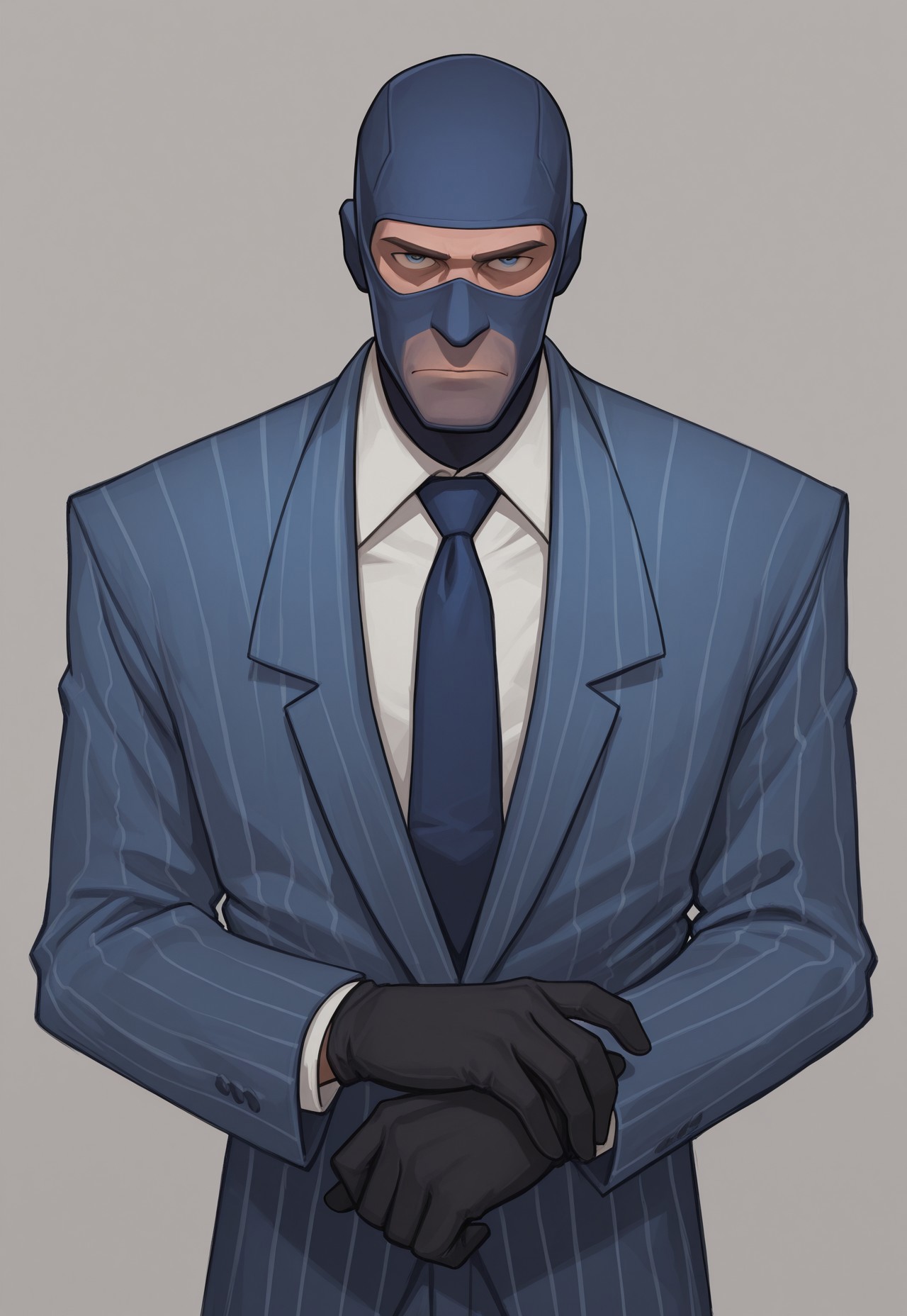 anime, masterpiece, best quality, detailed background, 8k, 1boy, solo, spy (tf2), mature man, blue eyes, blue ski mask, white shirt, blue tie, pinstripe suit, blue suit, black gloves, pinstripe pants, blue pants, emotionless, gray background, half body, turning to viewer, staring at viewer, pose
