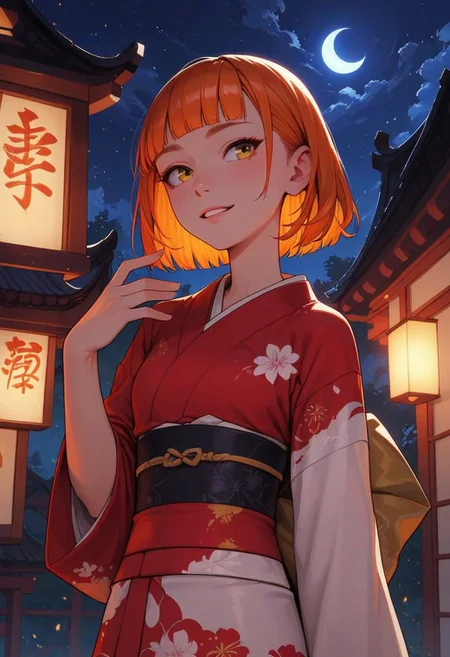 score_9_up, score_8_up, score_7_up, score_6_up, 1girl, 25 years old, perfect face, cute, petite, 
yellow eyes, 
short hair, bob cut, multicolored hair,  colored inner hair, orange hair, blunt bangs, sidelocks, two side up, 
kimono, Japanese architecture, 
starry sky, night,
cowboy shot,