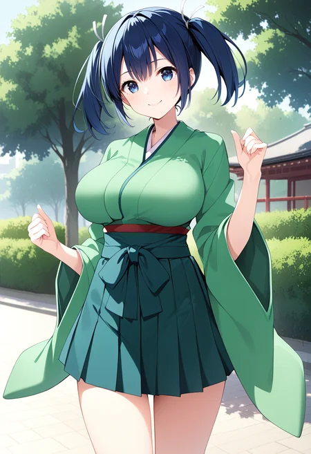 standing, solo, 1girl, park, cowboy shot, large breasts, <lora:KC_04AC_souryuu_pony:1> souryuukc, blue hair, short twintails, blue eyes, hair ribbon, white ribbon, souryuudefkc, kimono_wide_sleeves, japanese clothes, green kimono, miniskirt, hakama short skirt, thighs,, score_9,score_8_up, score_7_up, source_anime, masterpiece, best quality, official art, official style, game cg, megami magazine, rating_safe, rating_questionable, <lora:Fixhands_anime_bdsqlsz_V1:0.75>, NEGATIVE_HANDS