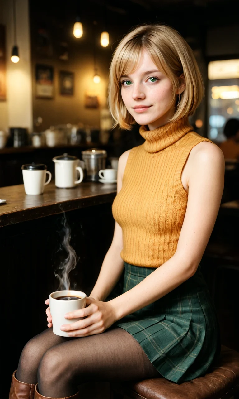 embedding:Stable_Yogis_Illustrious_Positives, RAW photograph, photorealistic, masterpiece, 1girl, solo, ashley graham, blonde hair, bob cut, green eyes, turtleneck sweater, orange sleeveless sweater, green skirt, pantyhose, brown boots, sitting, coffee, shop, side view, golden hour, indoors,<lora:ashley_graham_sdxl.safetensors:1.0:1.0>
