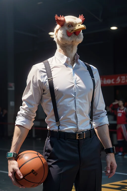 masterpiece,best quality,ultra high res,realistic skin,Dramatic lighting,1chicken man,
((anthropomorphic)),Black high-necked clothes,((Braces trousers)),playing basketball,