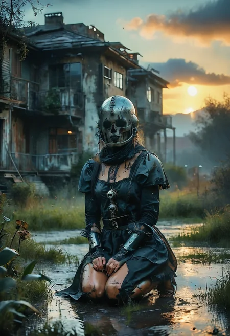 (Full body photograph, ultra-realistic:1.2). score_9, score_8_up, score_7_up, female gothic sexbomb knight , portrait, kneeling, defeated, tired, gothic armor, open helmet, temple, reflections, highly detailed, film grain, <lora:zy_Realism_Enhancer_v1:0.75>
BREAK scenery. sky. cloud. outdoors. tree. sun. cloudy sky. building. nature. sunset. tower. blurry. chimney. grass. forest. rural. landscape. The photograph captures a scene during what appears to be either dawn or dusk due to the soft golden hue permeating through an overcast sky.
<lora:MoodySky_set2:0.67:0.33>