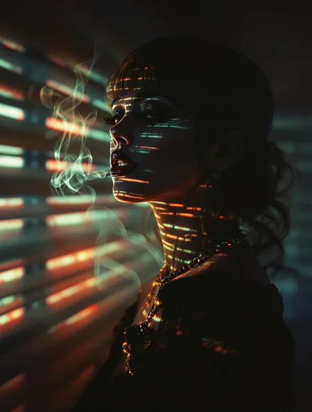 neo-noir ethereal portrait, chrome-kissed halides, venetian blind shadows, cigarette smoke tendrils, neon-rimmed silhouette, film grain texture dissolving into liquid silver, haunted glamour meeting urban decay –style raw 80