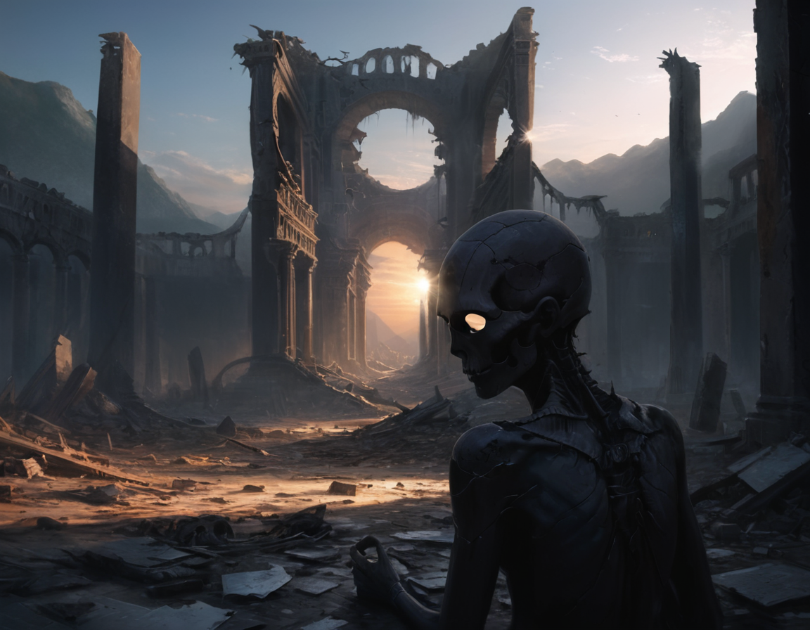 As the sun dipped below the horizon, casting long shadows over the shattered remains, it was as if time itself had paused to mourn the lost city of dreams, b3ks1n